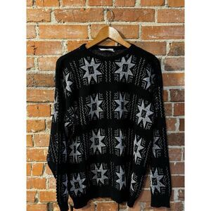 Vintage Acrylic 1980's Sweater Black Silver Geometric Stars‎ Long Sleeve Sz S-M